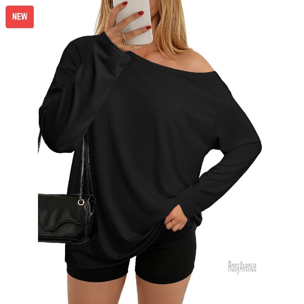 Oversized Off Shoulder Long Sleeve Tee Soft Stretchy Casual Top